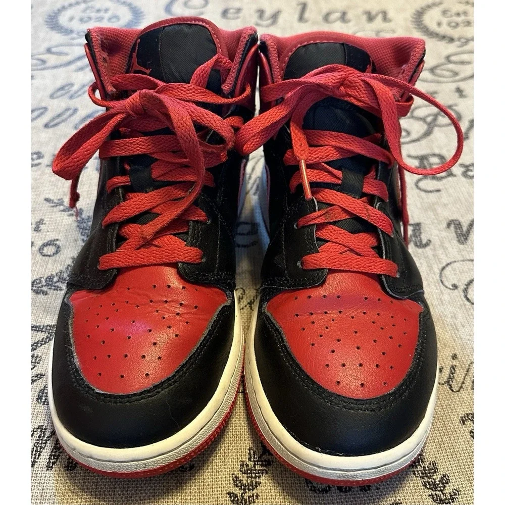 Nike Air Jordan 1 Mid Youth Size 5.5Y Black Red Sneakers